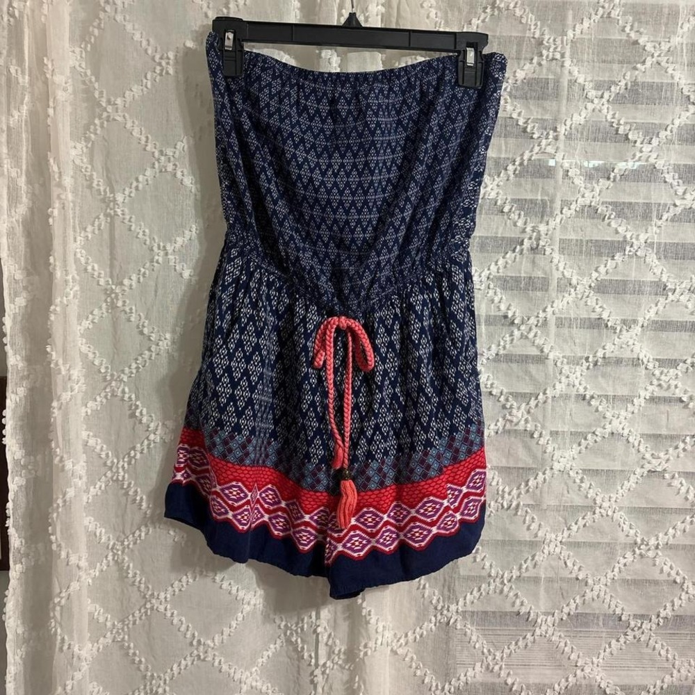 Strapless Geometric Tribal Print Romper Navy Pink‎ Waist Tassel Boho Women